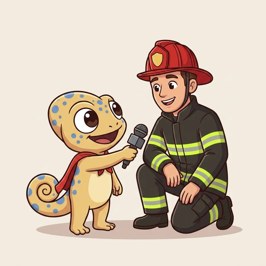 Raffie interviewt een brandweerman met een microfoon